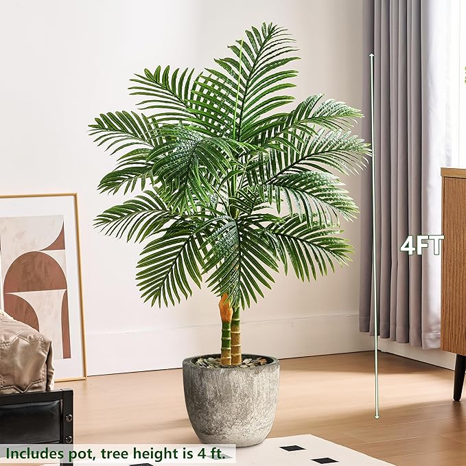 Artificial Palm Tree Indoor Plant Tall Fake Tropical Palm Tree in Pot with Real Bark Design Faux Areca Palm Tree for Home Office Living Room Bedroom Farmhouse Modern Outdoor Decor (13 Leaves 4 FT)