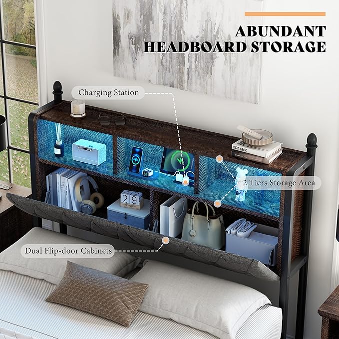 AMERLIFE Full Size Bed Frame with Bookcase Headboard, 4 Storage Drawers, Wooden Platform Bed with Charging Station & LED Light, No Box Spring Needed, Noise-Free, Rustic Brown