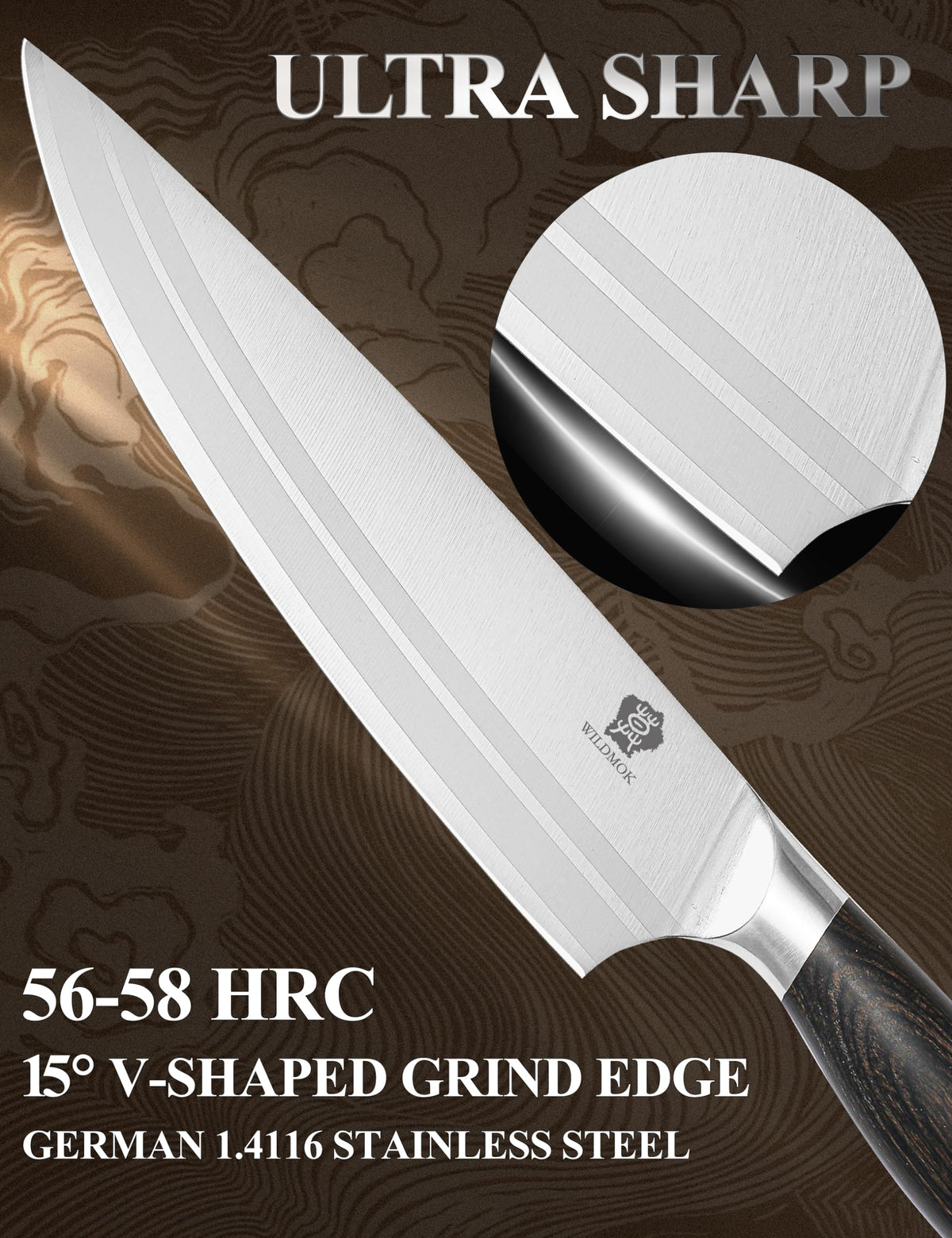 WILDMOK Chef Knife 8 Inch, German Steel Kitchen Knives Chef's Knives with Pakka Wood Handle, Gift Box