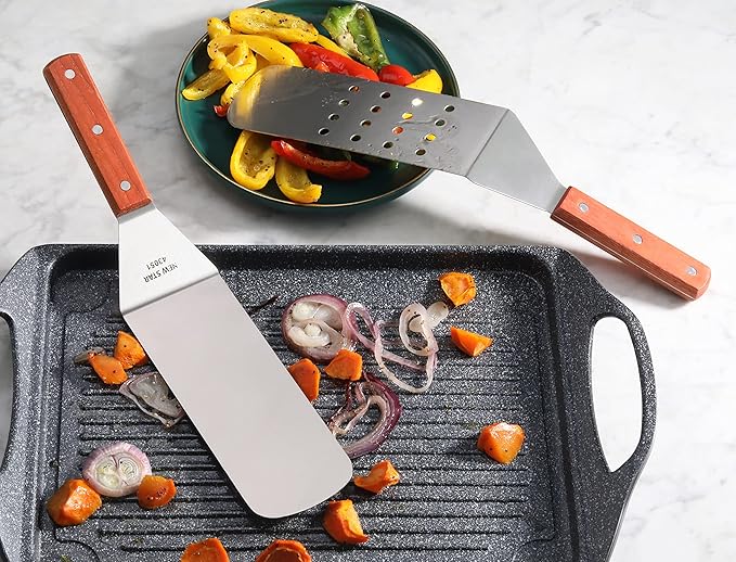 New Star Foodservice 14.5 Inch Flexible Grill Spatula Set, 2-Piece Stainless Steel Turners with Wood Handles for Griddle, Flat Top, Grill, and Restaurant Use