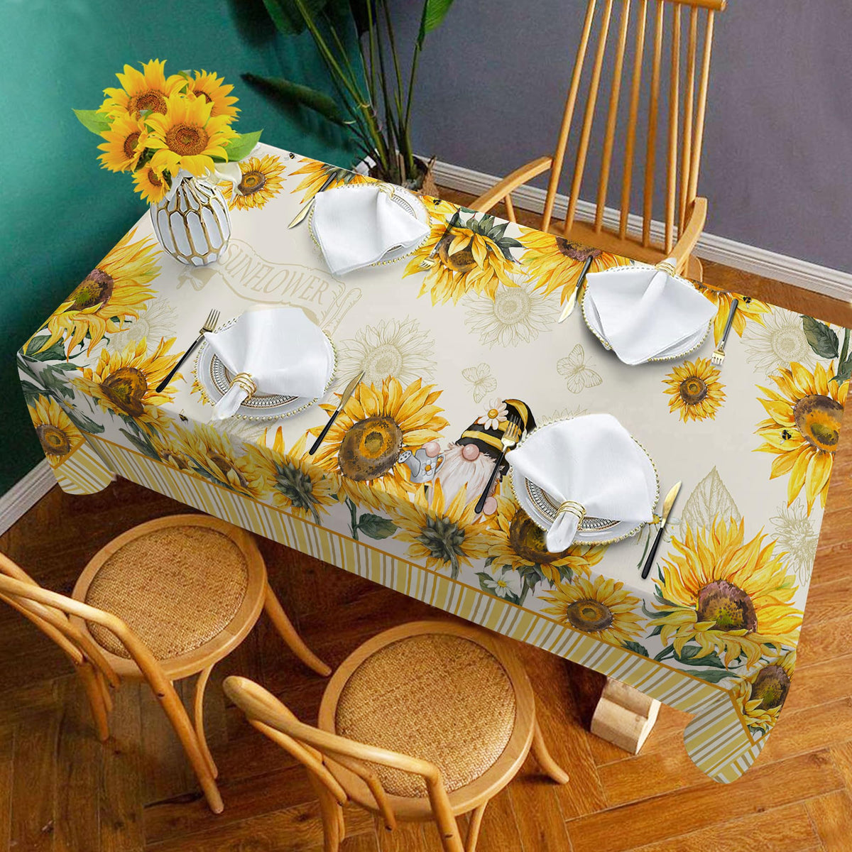 Hexagram Sunflower Tablecloth Rectangle 60x104 Inch Summer and Spring Yellow Floral Table Cloth Farmhouse Season for Home Kitchen Dining Party Decorations