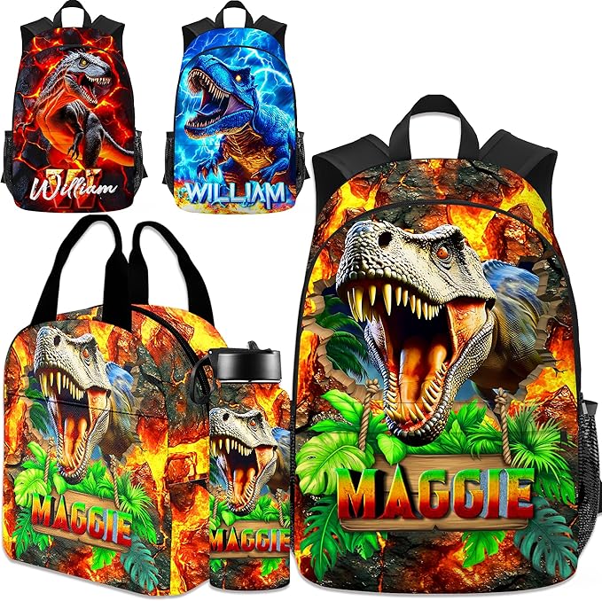 Dinosaur Backpack for Boys Custom Kids Backpacks with Lunch Box Personalized Name Bookbag Back to School Gifts for Elementary Middle School