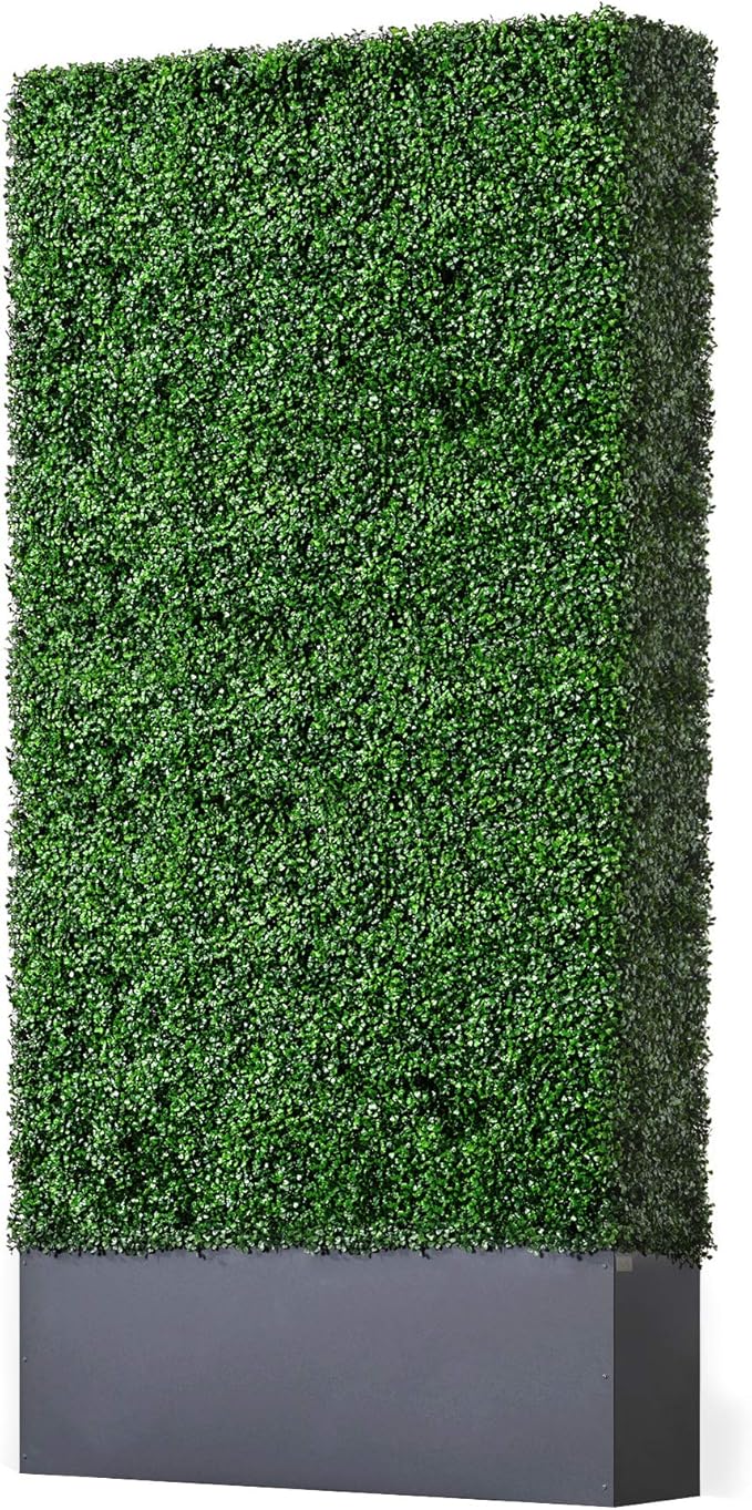 AGPL Upgraded Artificial Boxwood Hedge Wall with Dark Grey Stainless Steel Planter Outdoor Backdrop Privacy Screen,Patio,Balcony,Restaurant,Garden,Party Décor (96" Height 48" Width 12" Deep)