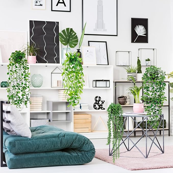 Palonu Artificial Hanging Plants for Shelf, 4 Pack Fake Potted Greenery Faux Eucalyptus Vine, Mandala Vine, String of Pearls,Pea pod Leaves in Pot for Office Living Room Bathroom Indoor Outdoor Décor