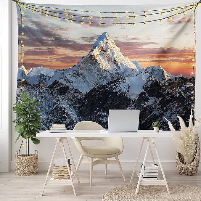 Ambesonne Mountain Tapestry King Size, Evening South High Hill Above the Sky Colorful Nepal Everest Photo, Wall Hanging Bedspread Bed Cover Wall Decor, 104" X 88", Bluegrey Salmon