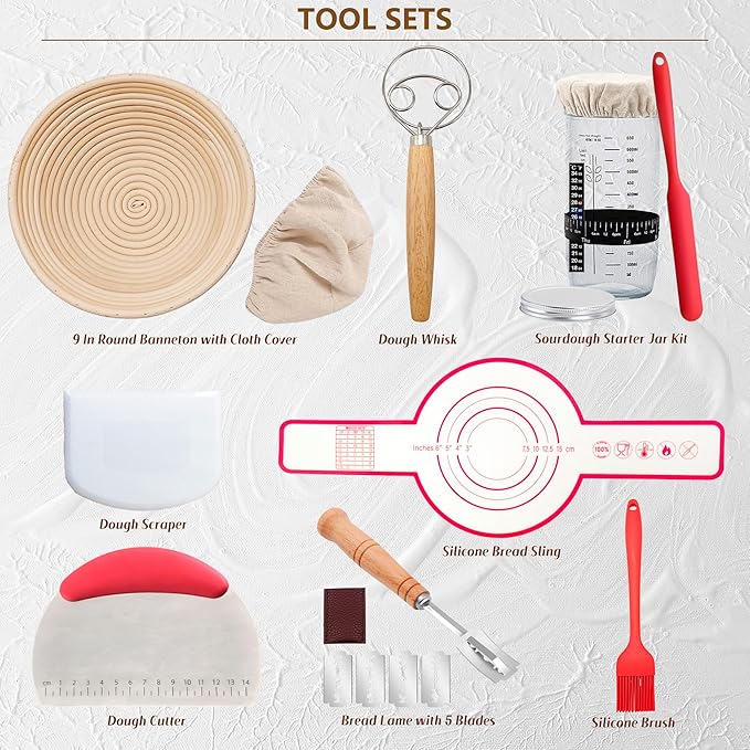 Complete Sourdough Starter Kit, Sourdough Bread Baking Supplies, Banneton Bread Proofing Basket with Sourdough Starter Jar, 9inch Round Bread Proofing Basket, for Bread Baking