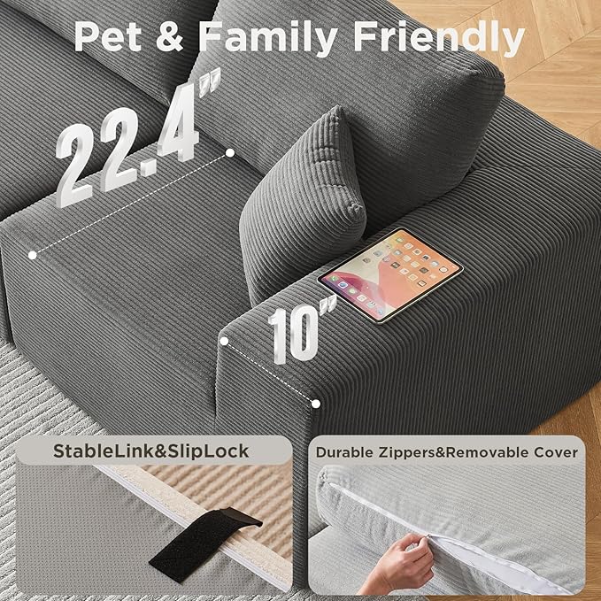 INGEROOM 108" Cloud Sectional Couch with Chaise, Modular L-Shaped Sofa Deep Seat Comfy Corduroy Memory Foam Couch for Living Room Bedroom, No Assembly Required, Dark Gray