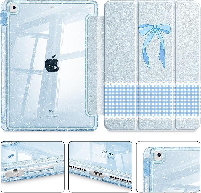Mektron Sparkly Case for iPad 10.2 inch Glitter Tablet Cases for iPad 9th Gen 2021/8th Gen 2020/7th Gen 2019 Cover with Shiny Clear Back Shell Foldable Bling Smart Cover Blue Floral
