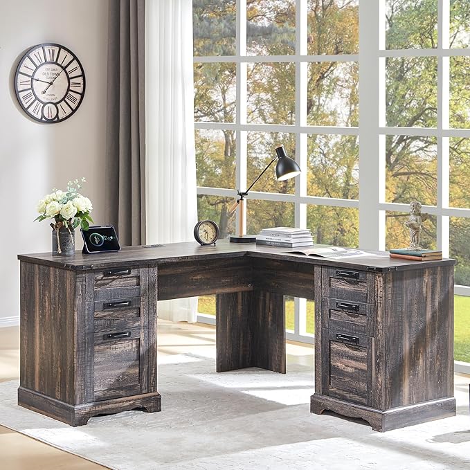 RedLemon 60" Farmhouse L Shaped Executive Desk with Drawers, Wood Home Office Corner Desk with Charging Station, File Drawer, Storage Cabinet, Rustic Computer Writing Desk (Dark Rustic Oak)