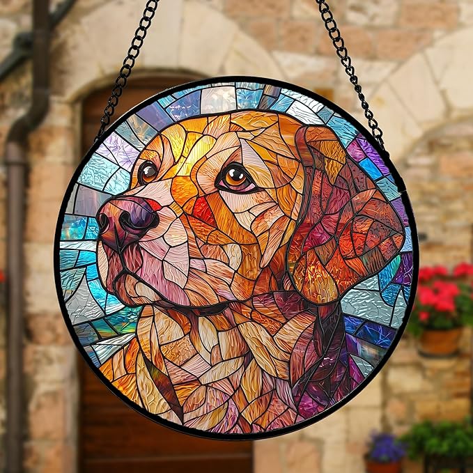 Stained Glass Window Hanging, Cute Dog Abstract Sun Catchers Colorful Glass Panel Texture Suncatcher Decor for Birthday for Women, Men, Wife, Aunt, and Mom 9.8 in