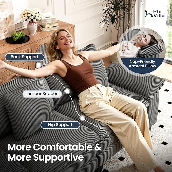 PHI VILLA Indoor Modular Sectional Couches Sets, 2-Piece Armless Sofa Set, 2-Seater Upholstered Couch for Living Room Small Spaces, Corduroy Fabric, Grey