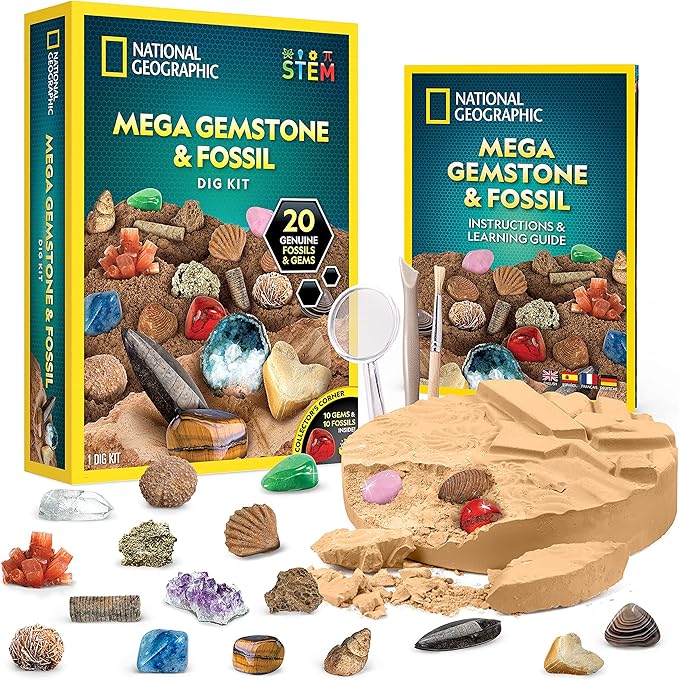 National Geographic Mega Fossil and Gemstone Dig Kit - Excavate 20 Real Fossils and Gems, Science Kit for Kids, Rock Digging Excavation Kit, Geology Gifts for Boys and Girls