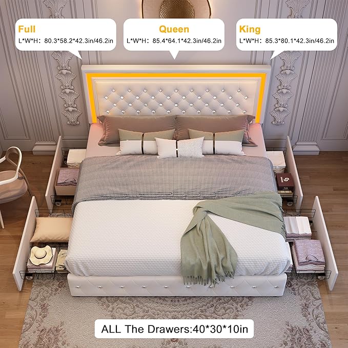 Queen led Bed Frame with 4 Drawers, Upholstered Platform Bed with Solid Wooden Slats Support, No Box Spring Needed, 900 lbs Capacity, Easy Assembly, Velvet Cream