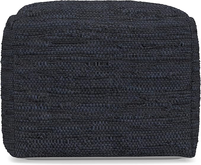 SIMPLIHOME Fredrik Square Pouf - 18 inch Wide Genuine Woven Leather Ottoman in Dark Blue, Boho-Style Footstool or Extra Seating for Living Room or Bedroom with Polystyrene Bead Filling, Assembled