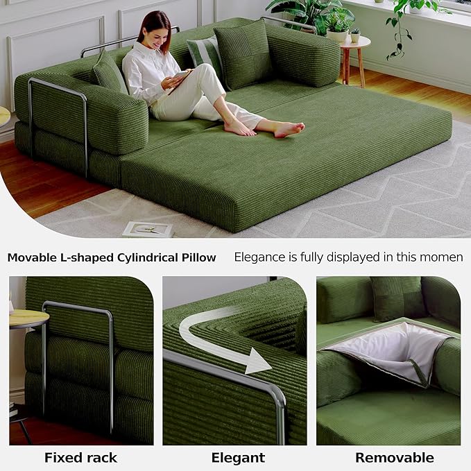 98.4''Convertible Sleeper Sofa Bed,Compressed Floor Boneless Couch,Modular Modern Corduroy Sofa for Living Room Bedroom -with Fixed-Shape Frame and Support Armrest,Easy Assembly(Green)