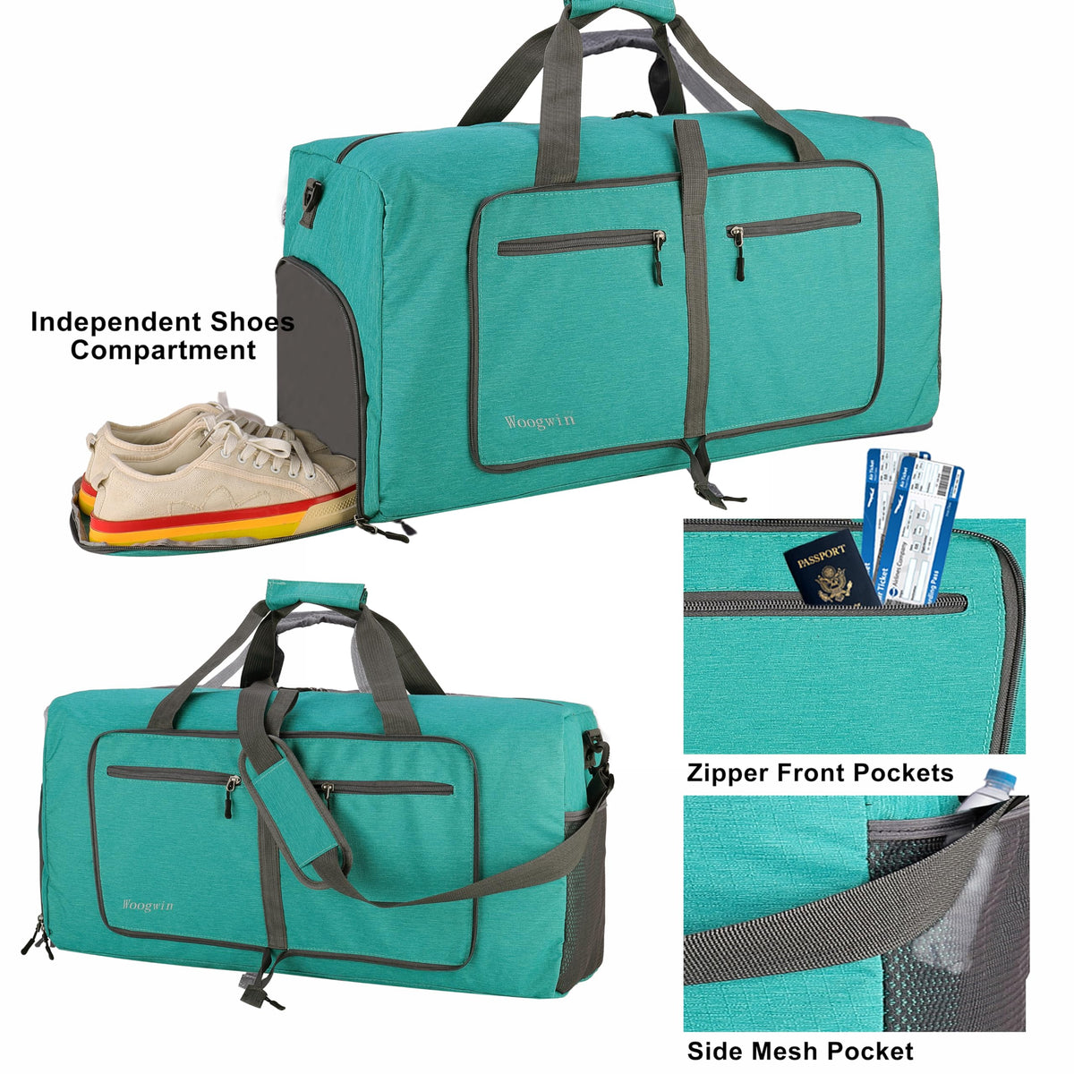 Woogwin Travel Duffel Bag Large Foldable Waterproof Overnight Bag for Beach Swim Bags Pool Sports Gym (60L SnowGreen)