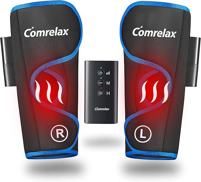comrelax Rechargeable Leg Massager with Heat for Circulation Air Compression Pain Relief Calf Foot Massager Electric Machine Massage Handheld Controller 3 Intensities 3 Modes