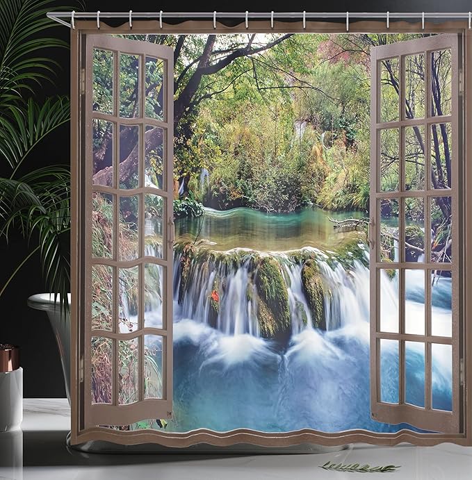 Ambesonne Waterfall Shower Curtain, Wide Waterfall Deep Down in The Forest Seen from a City Window Epic Surreal Print, Cloth Fabric Bathroom Decor Set with Hooks, 69" W x 70" L, Forest Green