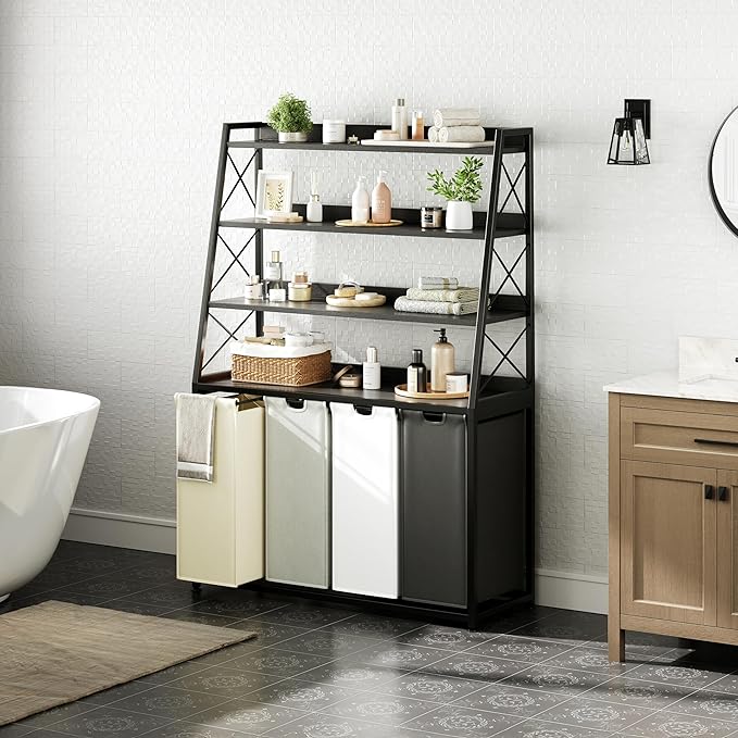Herture Laundry Basket, 4 Section Laundry Hamper with 4 Tiers Shelf, Pull-Out and Removable Laundry Bags, Large 4 x 15.87 Gallons, for Laundry Room Bathroom Black PF12XLK