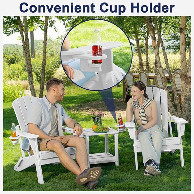 Plawdlik Folding Adirondack Chair, SGS Tested, Wooden Textured with Cup Holder, Heavy All-Weather HDPE Comfortable Set Poolside Backyard Lawn White