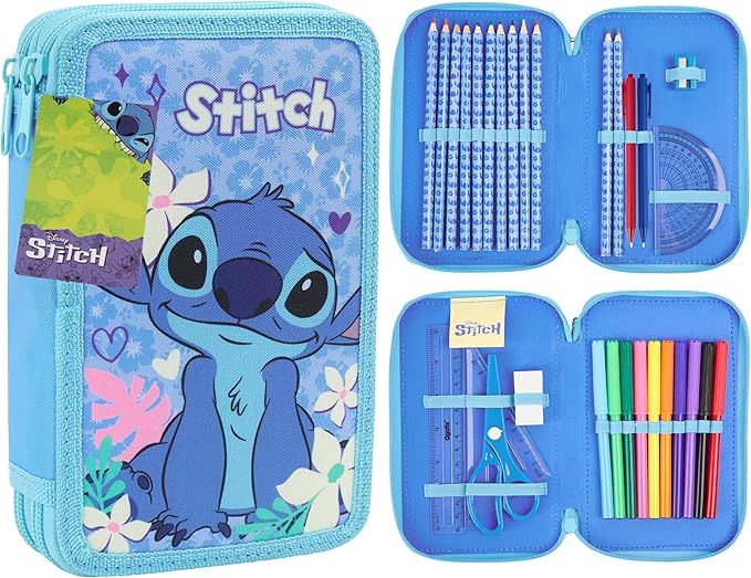 Disney Stitch Pencil Case for Girls Kids Tweens Colored Pencils Markers Pen Eraser Ruler Frozen School Supplies Stationary Gifts for Girls (Blue Stitch 2 Compartment)