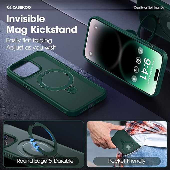 CASEKOO Designed for iPhone 14 Pro Case with Magnetic Invisible Stand [Military Drop Protection] [Compatible with MagSafe] Shockproof Slim Translucent Matte Pro Case 6.1 Inch, Green