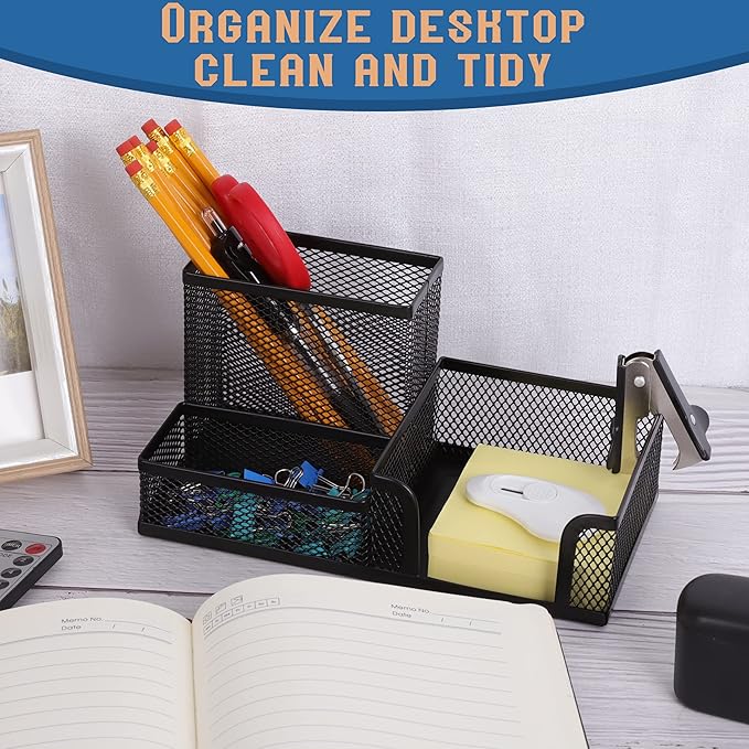Ludato Desk Organizers Mesh Pencil Holder，3 Compartments Black Mesh Pen Holder Storage for Office Desk Accessories