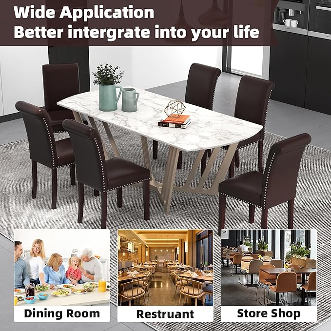Westice Dining Room Chairs Set of 8 Upholstered PU Leather Kitchen Chairs Dining Room Side Chair with Nailhead Trim and Rubber Wood Legs for Small Space Apartment, Brown