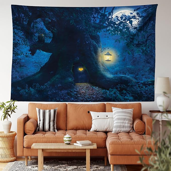 Ambesonne Fantasy Tapestry King Size, Night with a Little Home in The Trunk of an Tree in The Woods Print, Wall Hanging Bedspread Bed Cover Wall Decor, King Size, Navy Blue