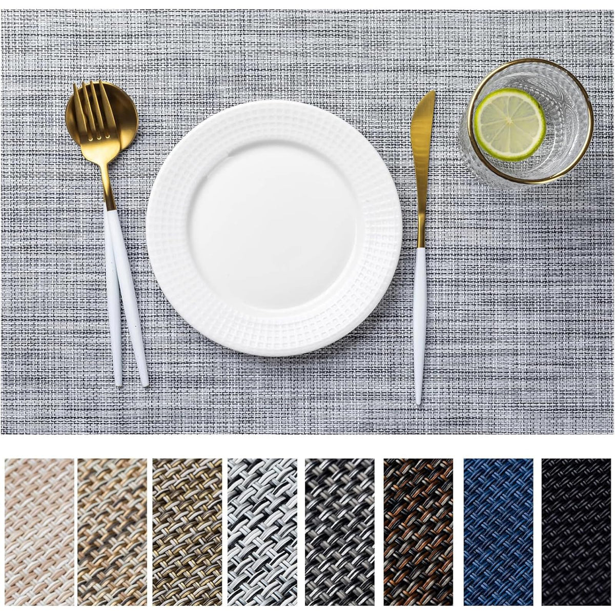 LEXMORE Placemats Set of 6 Vinyl/Plastic Woven Place Mats for Kitchen Table Indoor/Outdoor Washable Placemat Wipeable Dining Table Mats(Gray)
