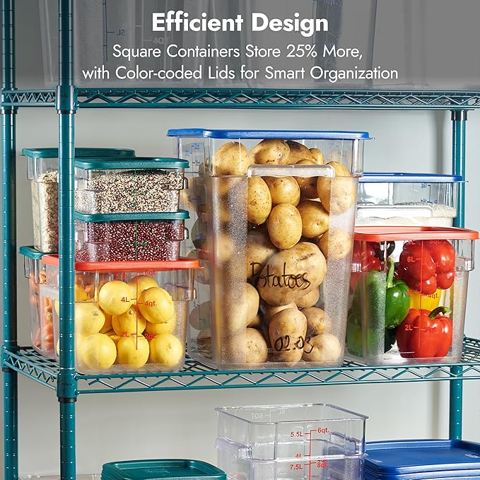 CURTA 4 Pack Food Storage Containers with Blue Lids - NSF Listed Commercial Grade in 22.0 Qt - Square, Clear, Polycarbonate