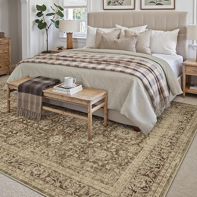 Brown 8x10 Area Rug Non Slip Large Vintage Living Room Distressed Machine Washable Retro Carpet Indoor Bedroom Traditional Floral Accent Throw Rug for Office Kitchen Dorm Dining Room
