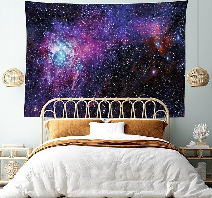 Ambesonne Galaxy Tapestry, Starry Night Nebula Cloud Celestial Theme Image Space Art Elements Print, Fabric Wall Hanging Decor for Bedroom Living Room Dorm, 28" X 23", Black Purple Blue