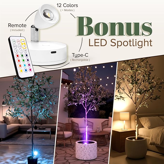 Olive Trees Artificial Indoor 7FT Tree with Rechargeable LED Spotlight, Decorative Moss & Weighted Pot – Tall Realistic Olive Plant for Home, Office, or Event Décor (7FT)