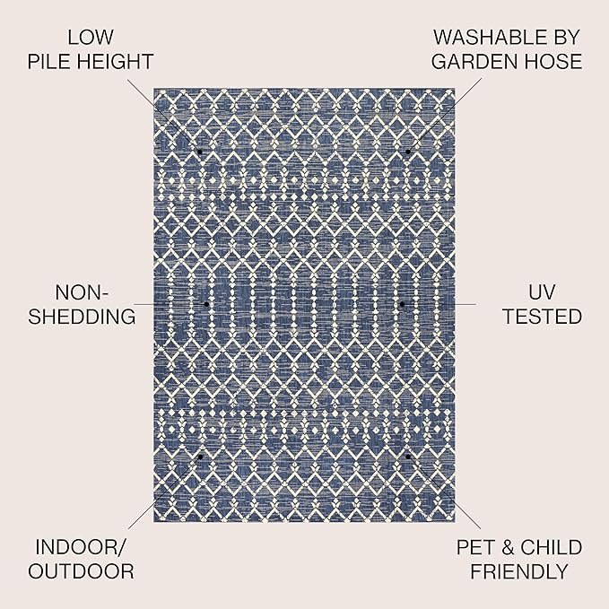 JONATHAN Y SMB108K-5SQ Ourika Moroccan Geometric Textured Weave Indoor Outdoor Area Rug, Coastal,Traditional,Transitional Easy Clean,Bedroom,Kitchen,Backyard,Patio, Non-Shed, Navy/Beige, 5' Square
