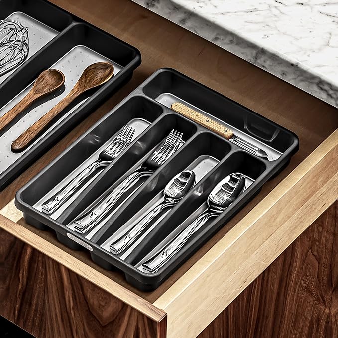 madesmart Classic 5 Compartment Compact Silverware Tray, Granite