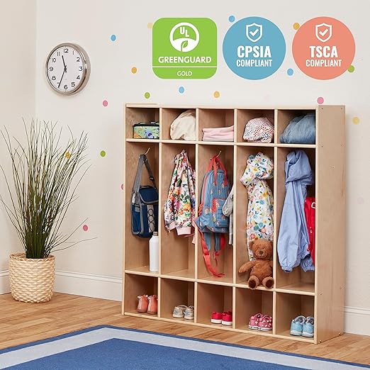 ECR4Kids Streamline 5-Section Coat Locker with Cubby Storage, Classroom Furniture, Natural