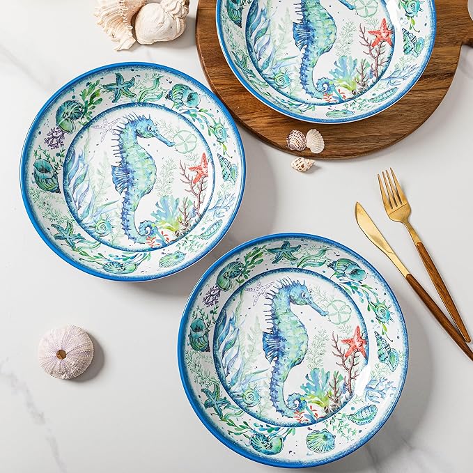 LEHAHA Melamine Pasta Bowls, Set of 6 9.25 inches 42 OZ Large Salad Serving Bowls, Coastal Melamine Dinner Deep Plates, Lightweight Soup/Cereal/Noodle Bowls set, Dishwasher Safe,Oceanic Design…