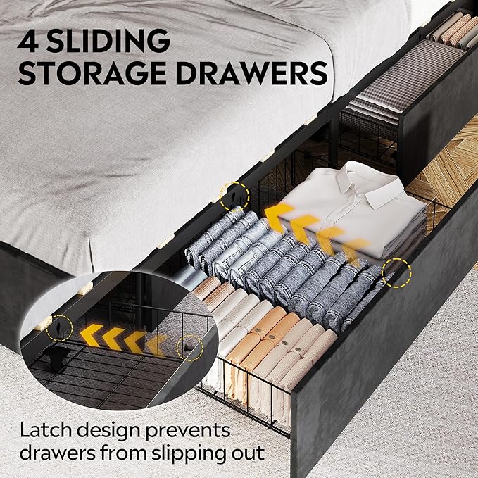 WLIVE Full Size Upholstered Bed Frame with 4 Drawers and Velvet Square Tufted Headboard, Sturdy Metal & Wooden Slats Support, No Box Spring Needed, Easy Assembly, Black