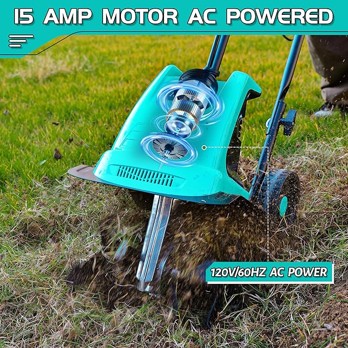 15 Amp 12 Inch Electric Tiller/Cultivator with 4 Steel Tines Small Garden Tiller for Gardening, Corded Rototiller with Adjustable Wheels