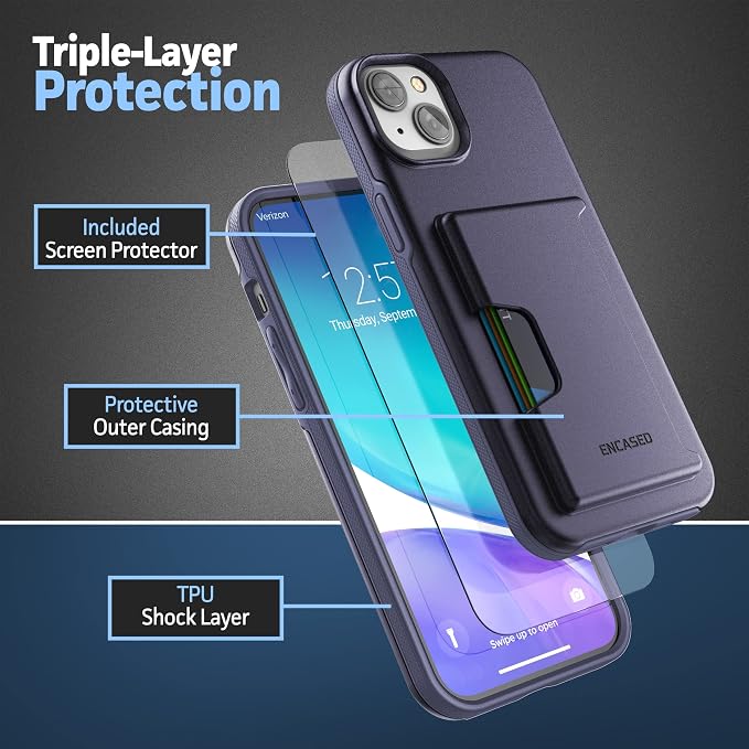 ENCASED Protective Wallet Case Designed for iPhone 14 with Card Holder and Screen Protector (4 Credit Cards/IDs) - Purple
