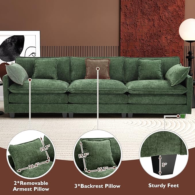 Ihanherry 111.4 Inch 3-Seater Cloud Sofa, Modular Sectional Couch, Modern Deep Seat Sofa for Living Room, Comfy Double Layer Upholstered Seat Cushion, Breathable Chenille Fabric, Green