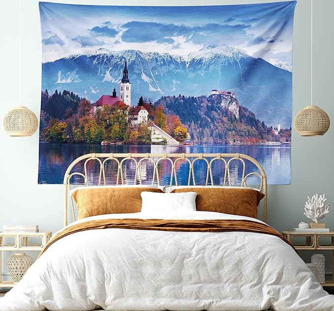 Ambesonne Landscape Tapestry Queen Size, Photo of Bled in Slovenia with Lake Snowy Mountains and a Castle Pastoral Scenery, Wall Hanging Bedspread Bed Cover Wall Decor, 88" X 88", Blue Lavender