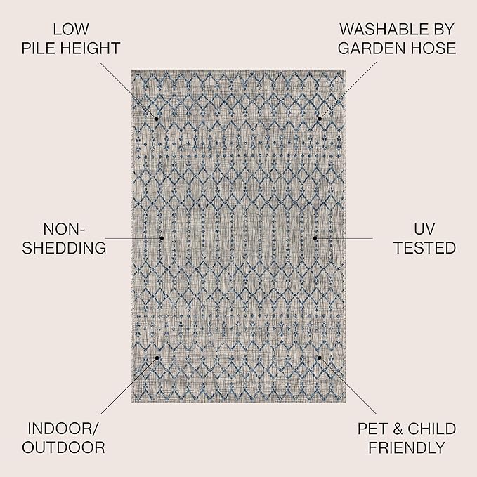 JONATHAN Y Moroccan Geometric Indoor Outdoor Area Rug 9X12 Light Gray/Navy, Ourika Textured Weave for Backyard, Patio, Porch, Easy-Cleaning, High Traffic, Pet-Friendly, Non-Shedding (SMB108A-9)