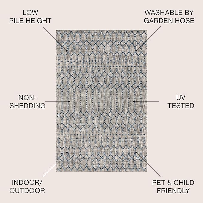 JONATHAN Y Moroccan Geometric Indoor Outdoor Area Rug 8X10 Light Gray/Navy, Ourika Textured Weave for Backyard, Patio, Porch, Easy-Cleaning, High Traffic, Pet-Friendly, Non-Shedding (SMB108A-8)