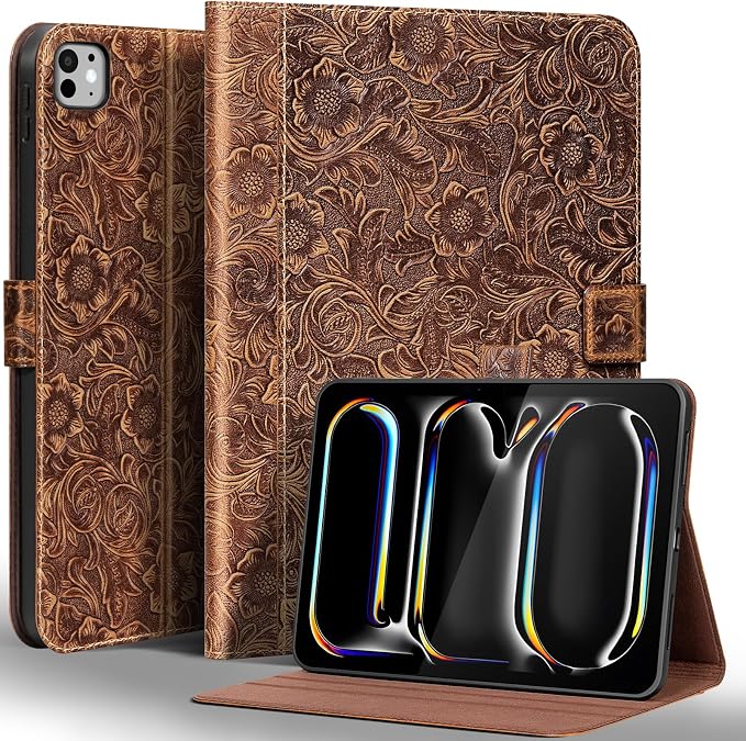 Gexmil Leather Case for iPad Pro 13 Inch M5/M4 2025/2024Crocodile Brown | Genuine Leather Cover with Magnetic ClosureSmart Folio Auto Sleep/WakeProtective ShockproofAdjustable Stand