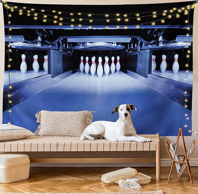 Ambesonne Bowling Party Tapestry, Symmetrical Bowling Pins on an Empty Alley Hobby Fun Challenge Theme, Fabric Wall Hanging Decor for Bedroom Living Room Dorm, 23" X 28", Blue White Red