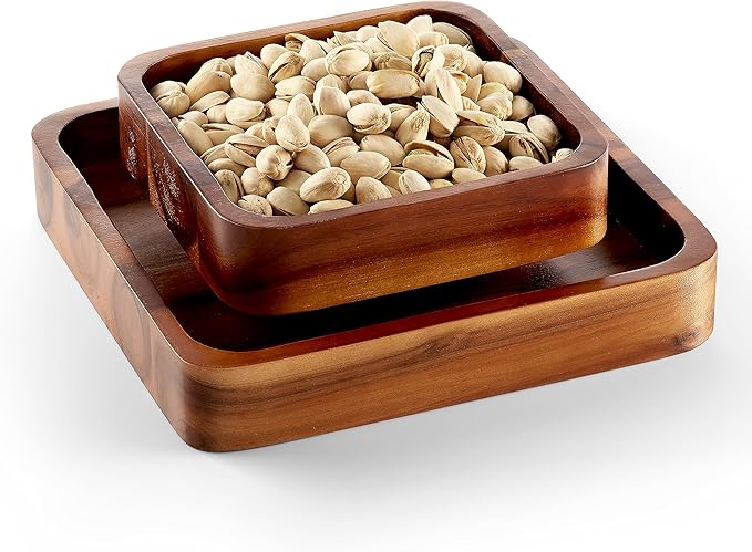 Wood Pistachio Snack Bowl with Shell Storage, Double Dish Holder Nut Bowl Pedestal for Sunflower Seed, Peanut, Cherries, Edamame (Brown)