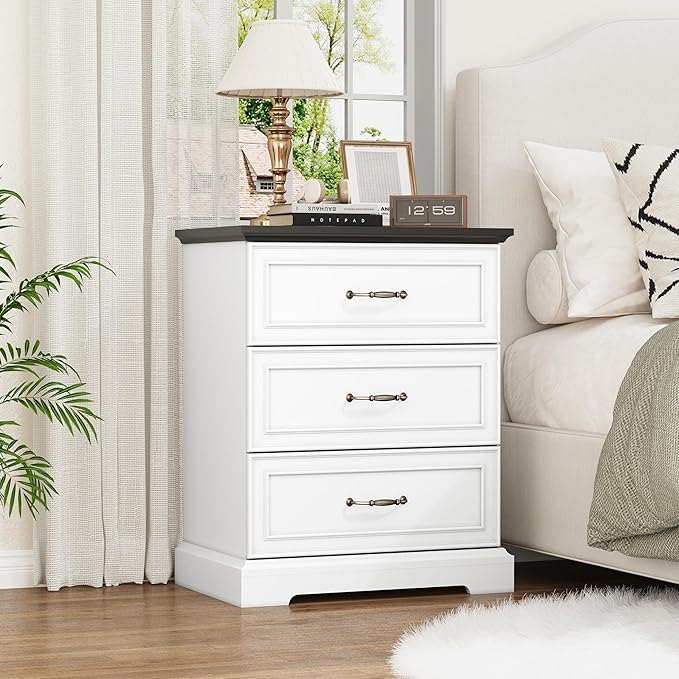 Nightstand with 3 Large Drawers,24" Wide End Table with Metal Handles,Rustic Farmhouse Wood Small Dresser,Bedside Table,Modern Chest of Drawers for Bedroom,Living Room,White