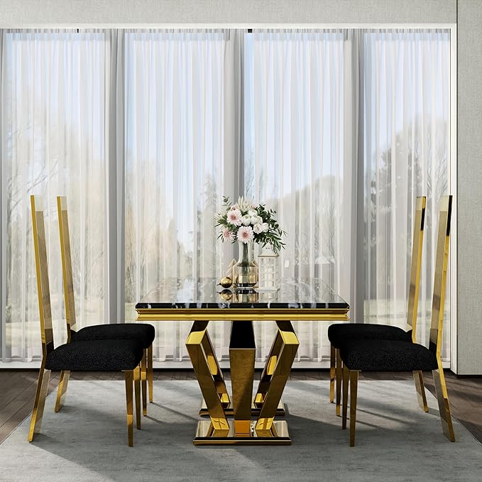 Dining Chairs Set of 4, Black Upholstered Dining Room Chairs with Mirrored Gold Metal Legs and High Back